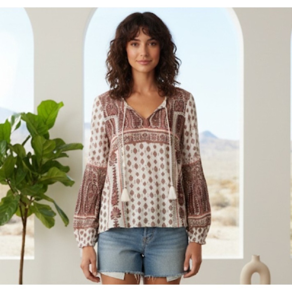 Lucky Brand Relaxed Fit Boho Tunic Top Red Ivory Floral Blossom size S Small 195